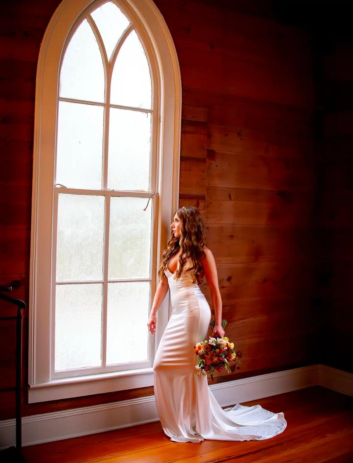 Bride in a satin gown beside a tall Gothic arched window inside O'Kelly Chapel